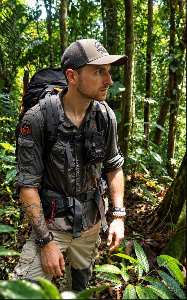 Dominik Knausenberger mit Expeditionsrucksack und Outdoor-Ausrüstung im dichten tropischen Regenwald.